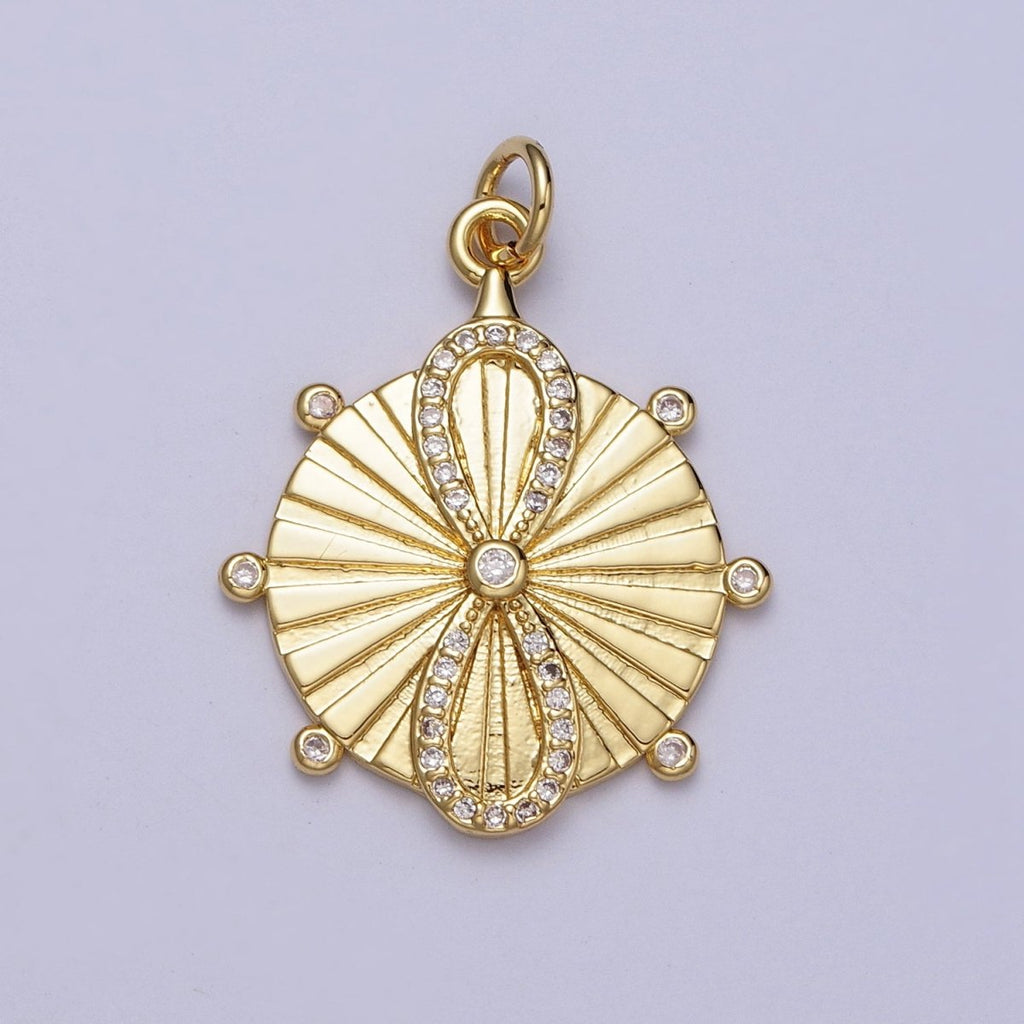 OS 24K Gold plated Micro Paved CZ Infinity Sun Ray Round Medallion Charm Radiant Pendant E-444 - DLUXCA