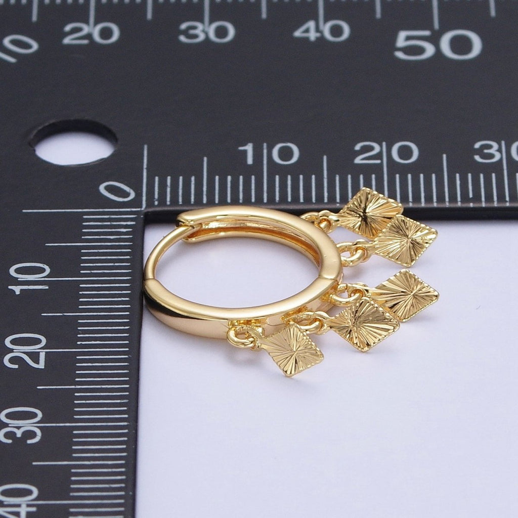OS 24K Gold plated Rhombus Textured Starburst Charm Dangle Drop Huggie Hoop Earrings T-177 - DLUXCA