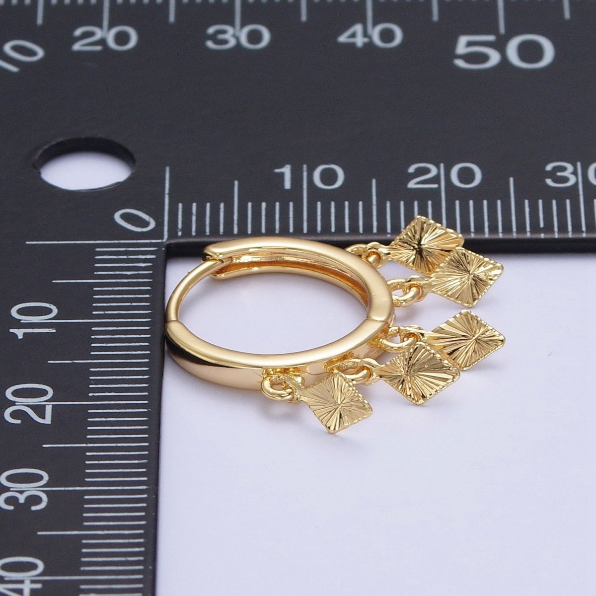 OS 24K Gold plated Rhombus Textured Starburst Charm Dangle Drop Huggie Hoop Earrings T-177 - DLUXCA