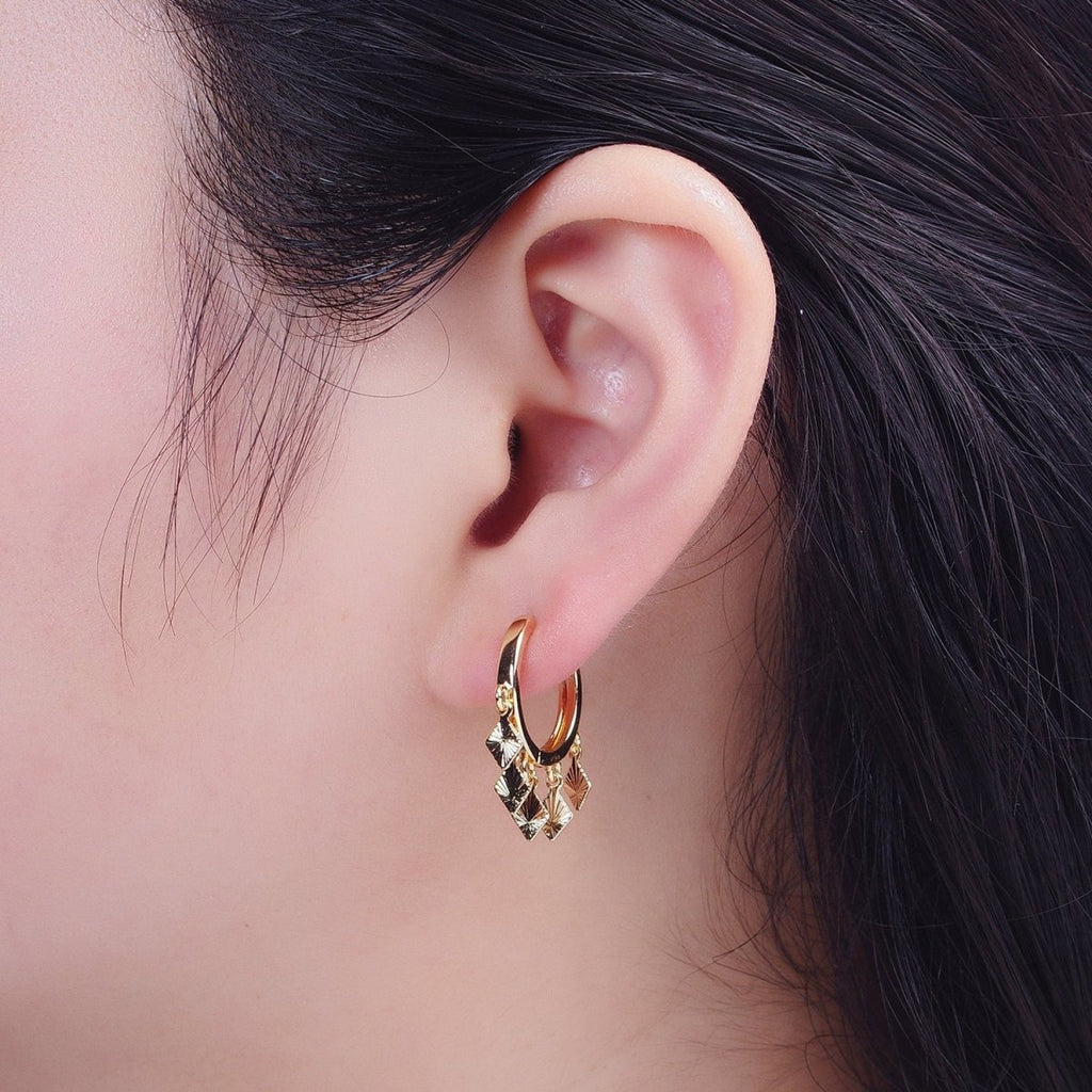 OS 24K Gold plated Rhombus Textured Starburst Charm Dangle Drop Huggie Hoop Earrings T-177 - DLUXCA