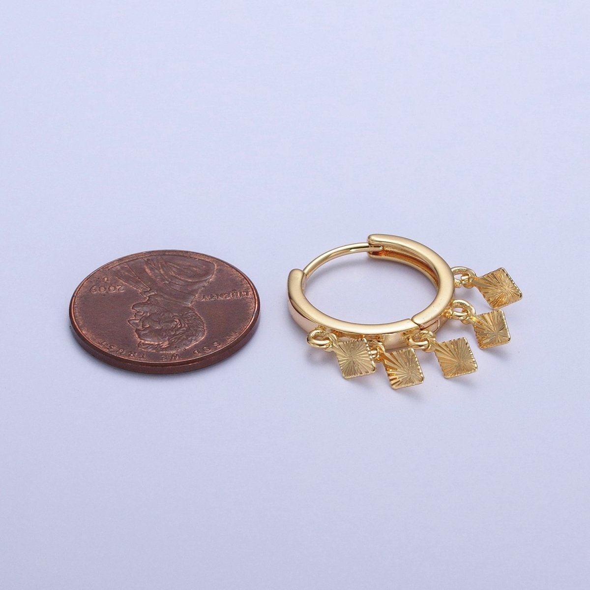 OS 24K Gold plated Rhombus Textured Starburst Charm Dangle Drop Huggie Hoop Earrings T-177 - DLUXCA