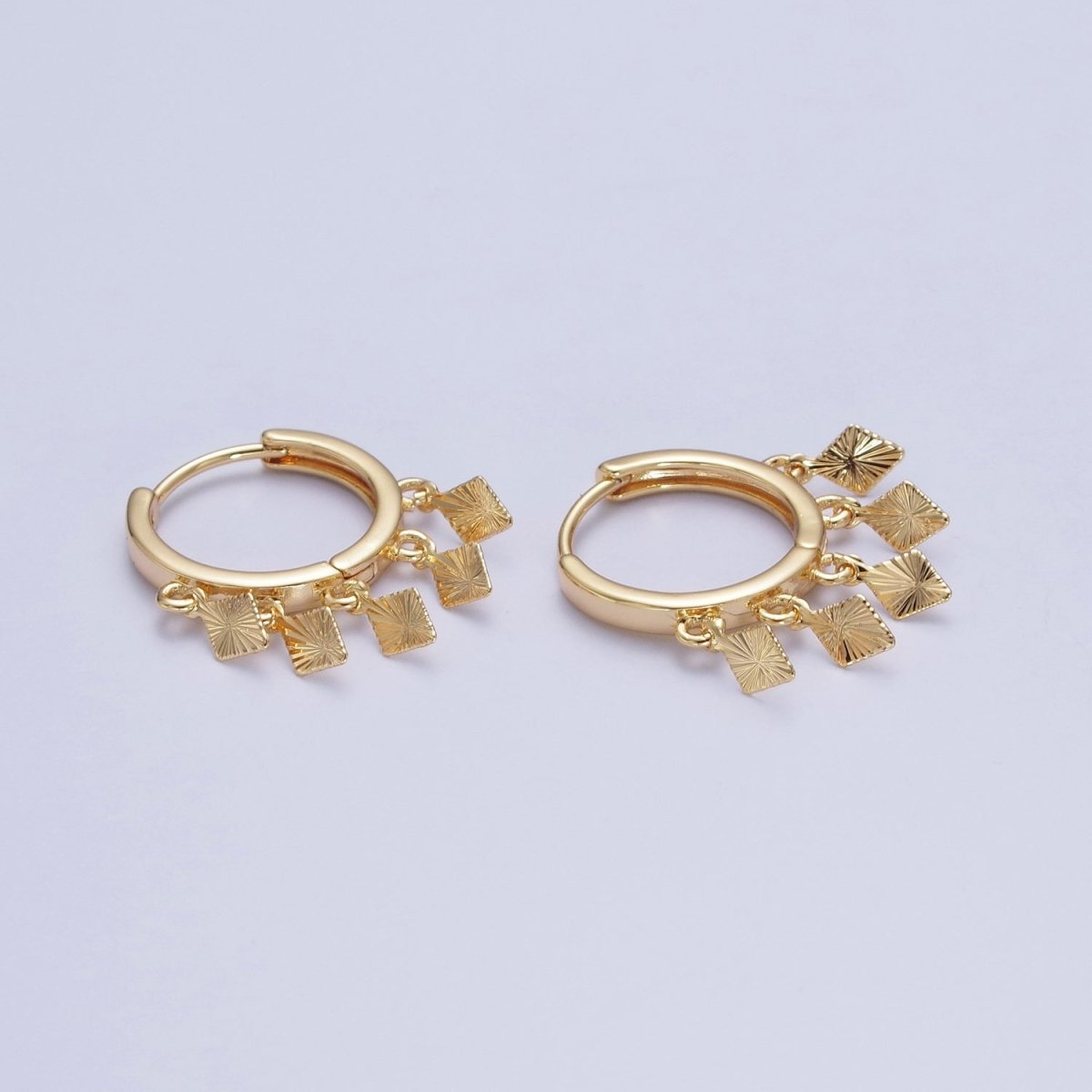 OS 24K Gold plated Rhombus Textured Starburst Charm Dangle Drop Huggie Hoop Earrings T-177 - DLUXCA