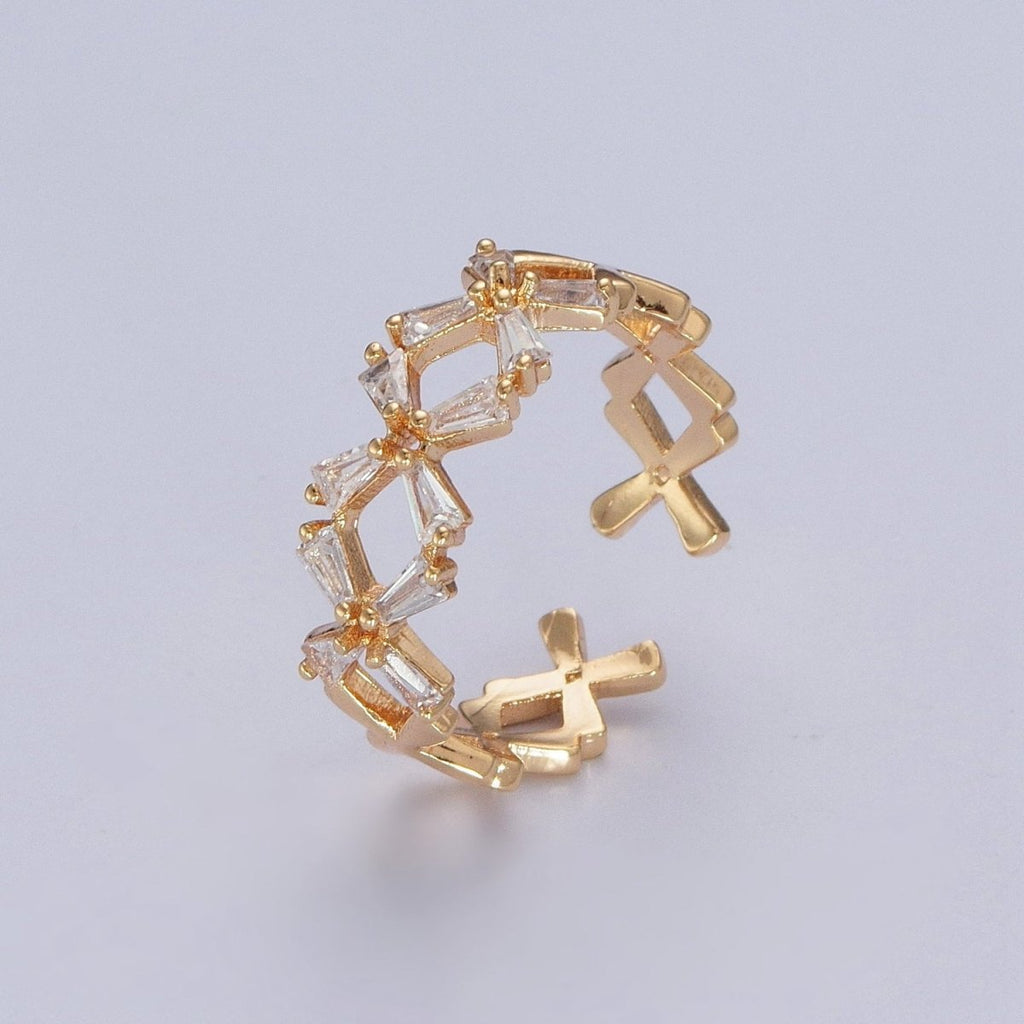 OS Minimalist Gold Baguette Cubic Zirconia Flower Adjustable Ring O-317 - DLUXCA