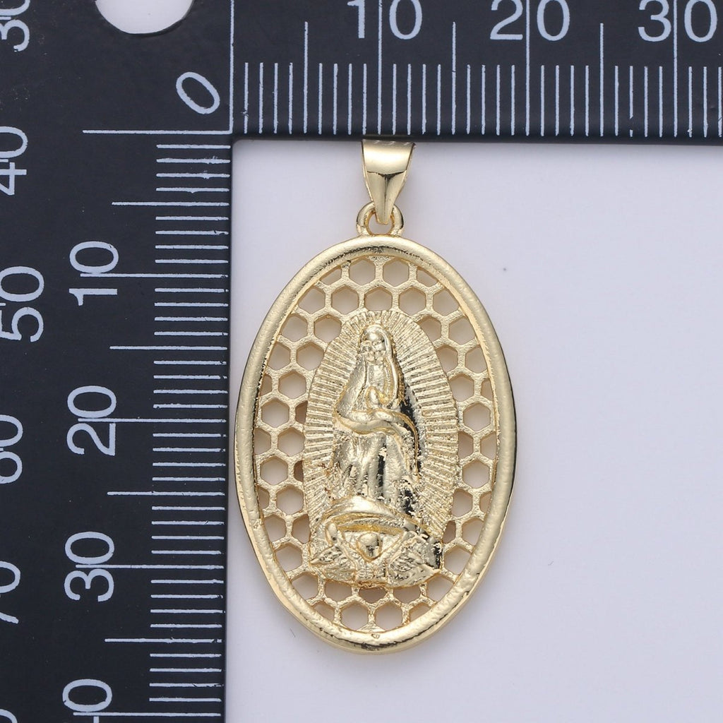 Oval Charm 24k Gold plated Virgin Mary Pendant, Lady Guadalupe Oval Charm, Mother of Jesus Medallion Pendant Necklace I-644 - DLUXCA