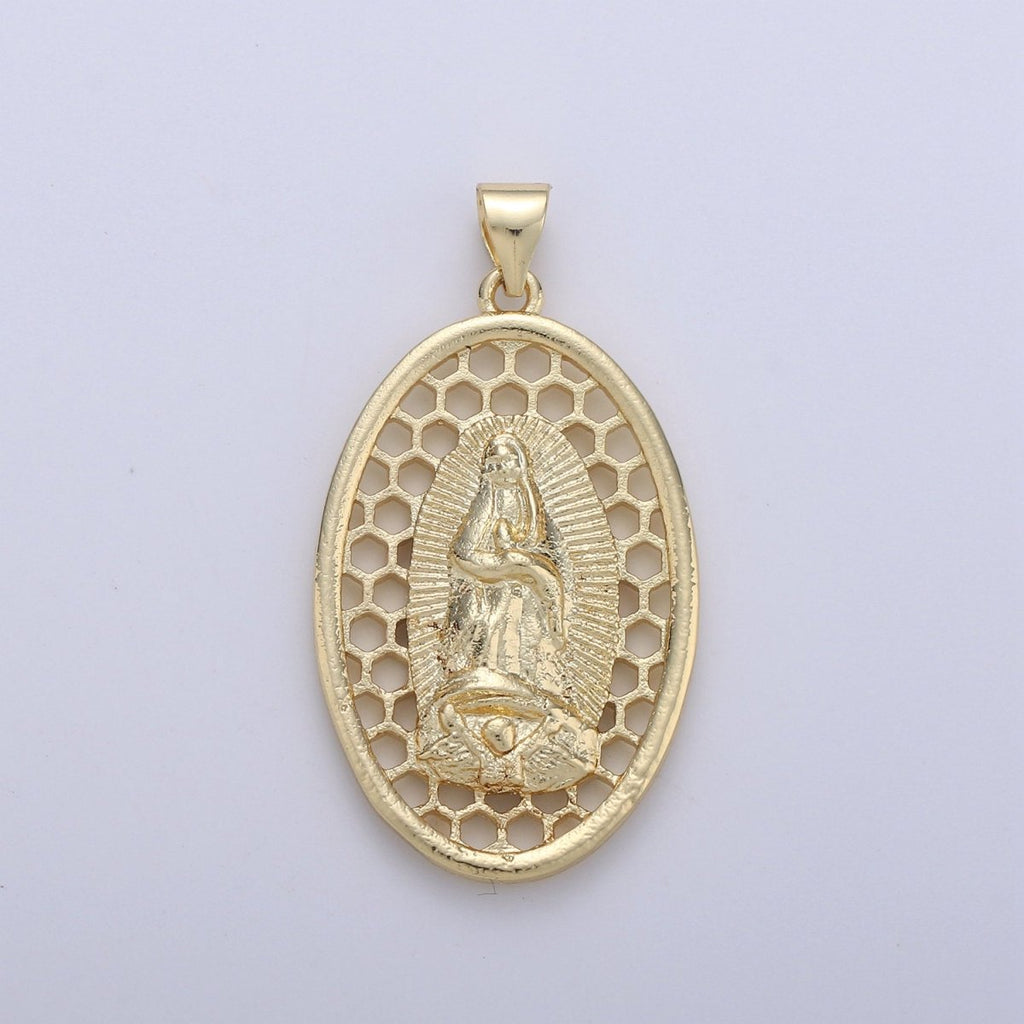 Oval Charm 24k Gold plated Virgin Mary Pendant, Lady Guadalupe Oval Charm, Mother of Jesus Medallion Pendant Necklace I-644 - DLUXCA