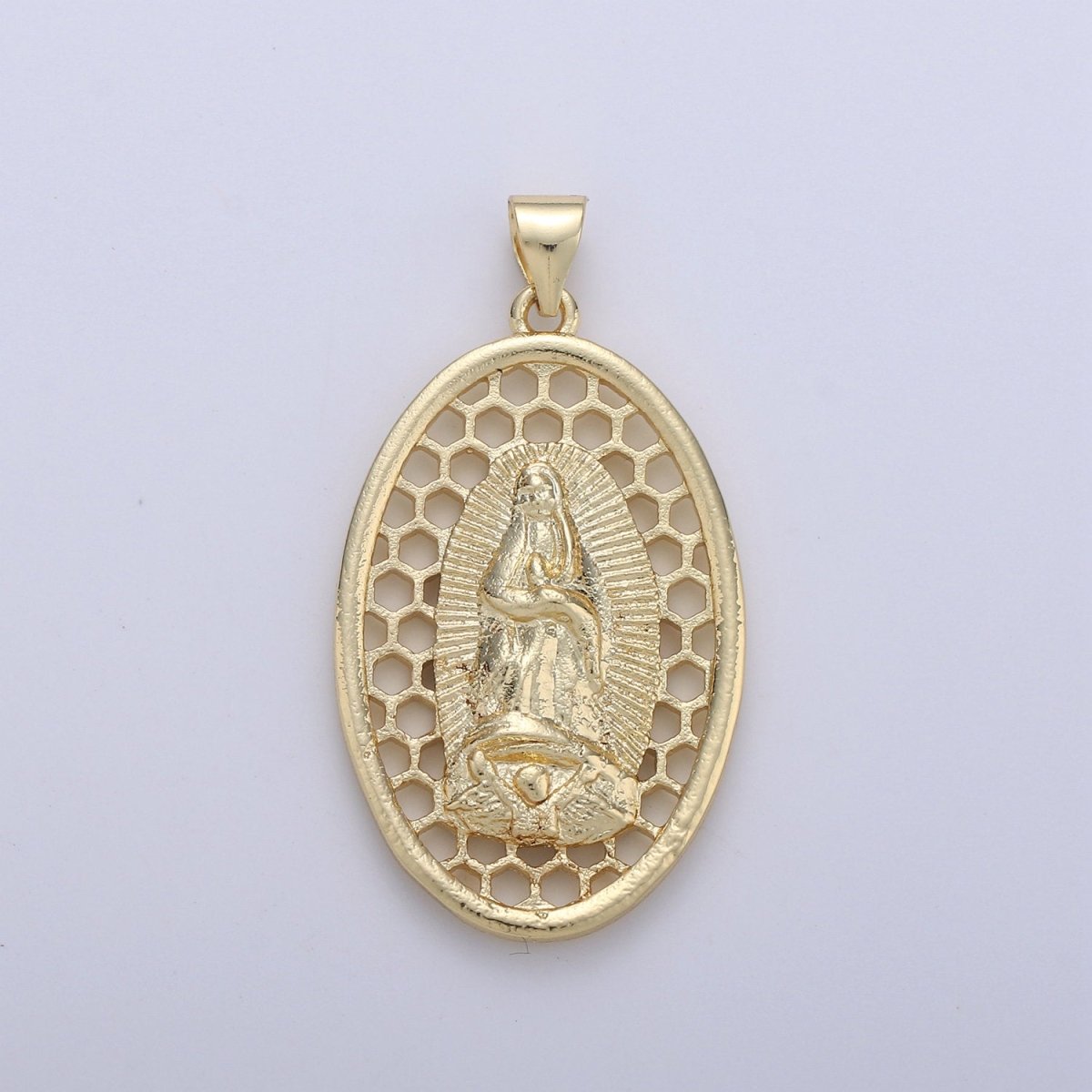 Oval Charm 24k Gold plated Virgin Mary Pendant, Lady Guadalupe Oval Charm, Mother of Jesus Medallion Pendant Necklace I-644 - DLUXCA