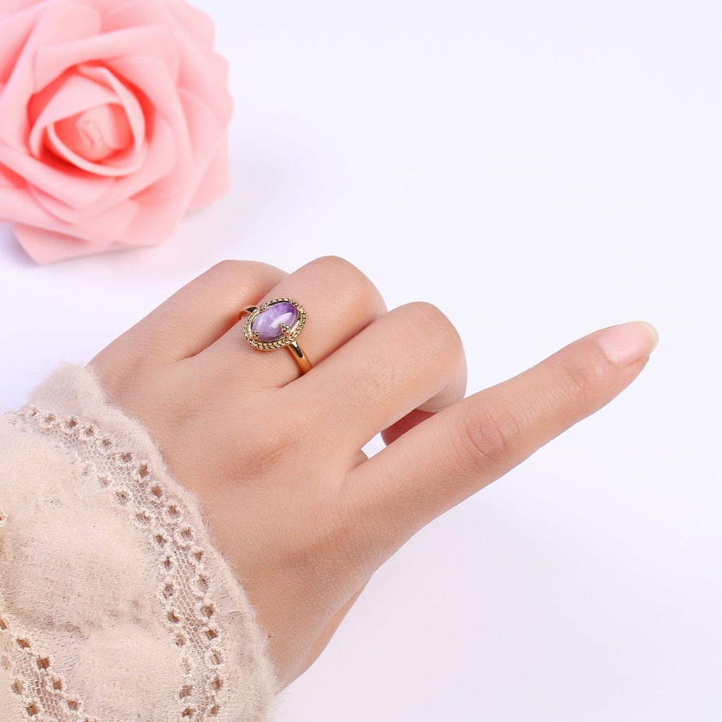 Oval-Cut Amethyst Gemstone Statement 24K Gold plated Statement Ring U-292 - DLUXCA