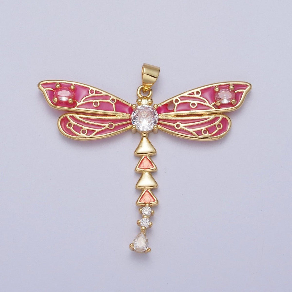 Oval CZ Insect Dragonfly Hot Pink Enamel Gold Pendant H-167 - DLUXCA