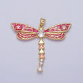 Oval CZ Insect Dragonfly Hot Pink Enamel Gold Pendant H-167 - DLUXCA