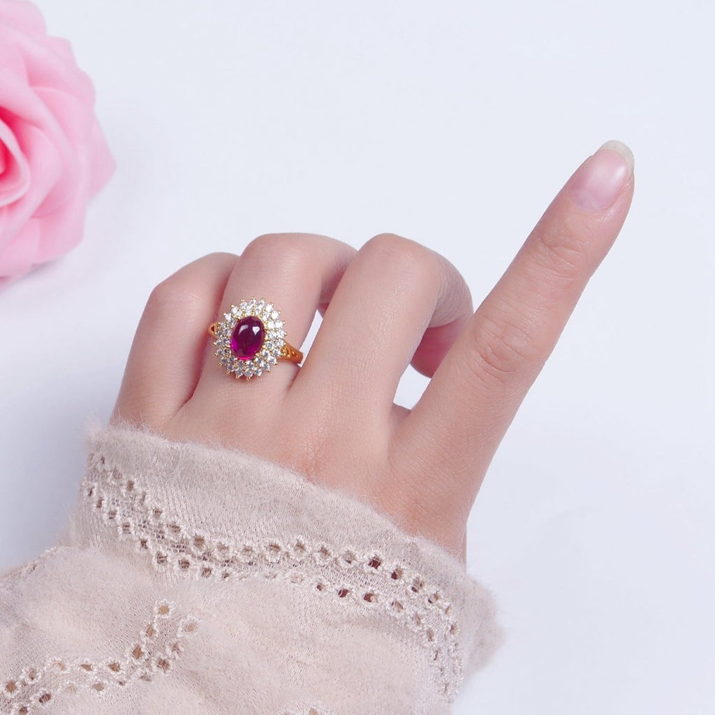 Oval Fuchsia Pink Jade Ring, Cubic Zirconia Sunflower Ring O-775 - DLUXCA