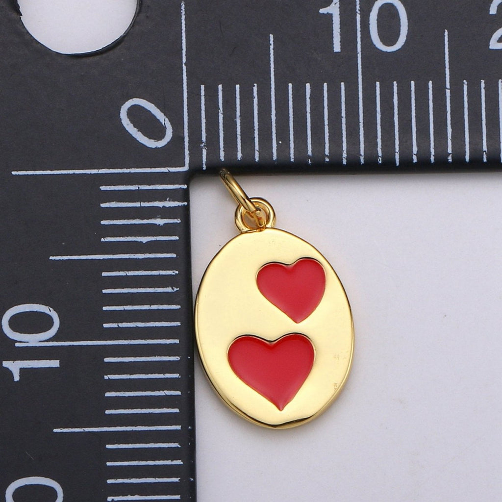 Oval Red Heart Charm - Dainty Gold Double Heart Add On Charm - Dainty Heart - Love Inspired Gold plated Heart Pendant Couple Jewelry D-713 - DLUXCA