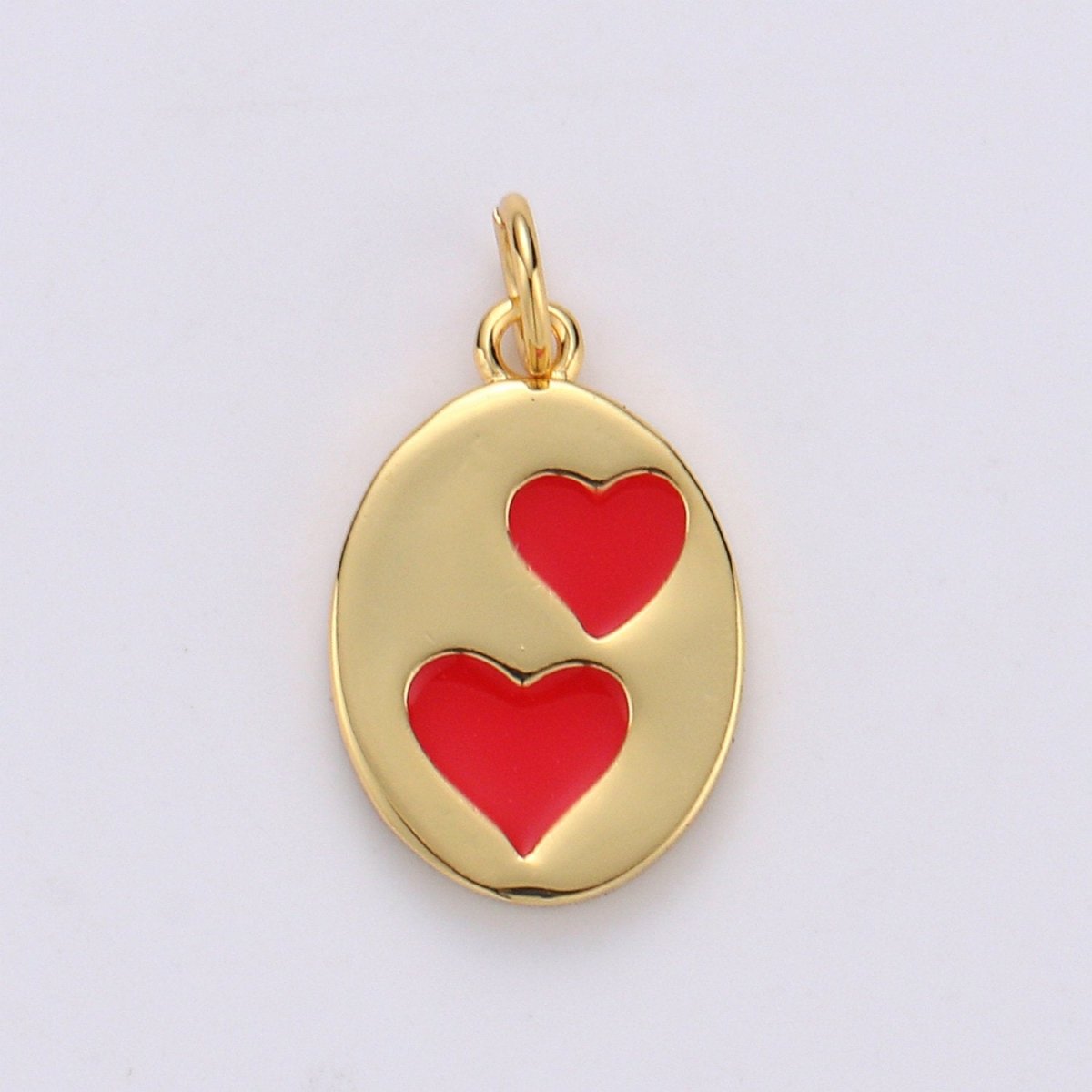 Oval Red Heart Charm - Dainty Gold Double Heart Add On Charm - Dainty Heart - Love Inspired Gold plated Heart Pendant Couple Jewelry D-713 - DLUXCA