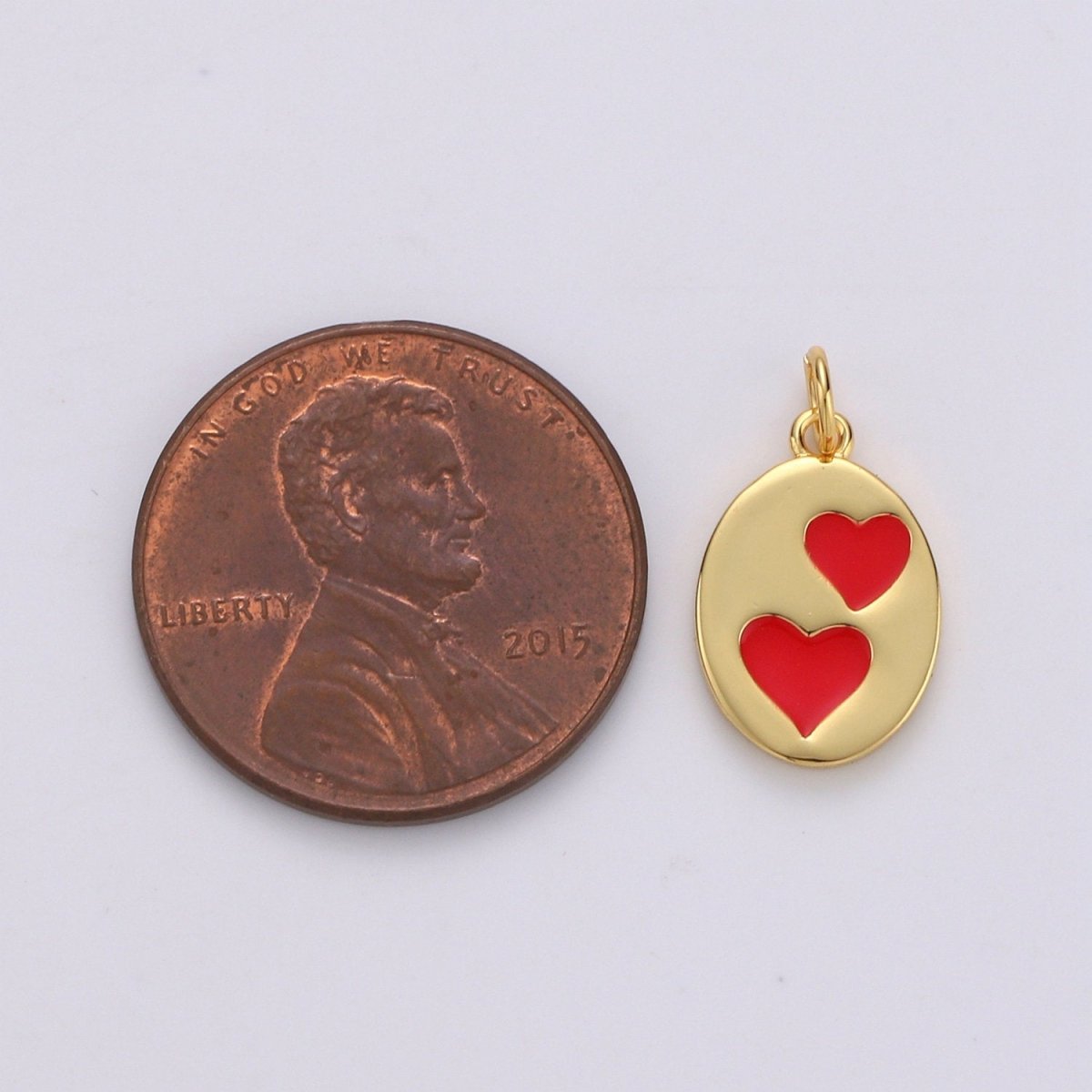 Oval Red Heart Charm - Dainty Gold Double Heart Add On Charm - Dainty Heart - Love Inspired Gold plated Heart Pendant Couple Jewelry D-713 - DLUXCA