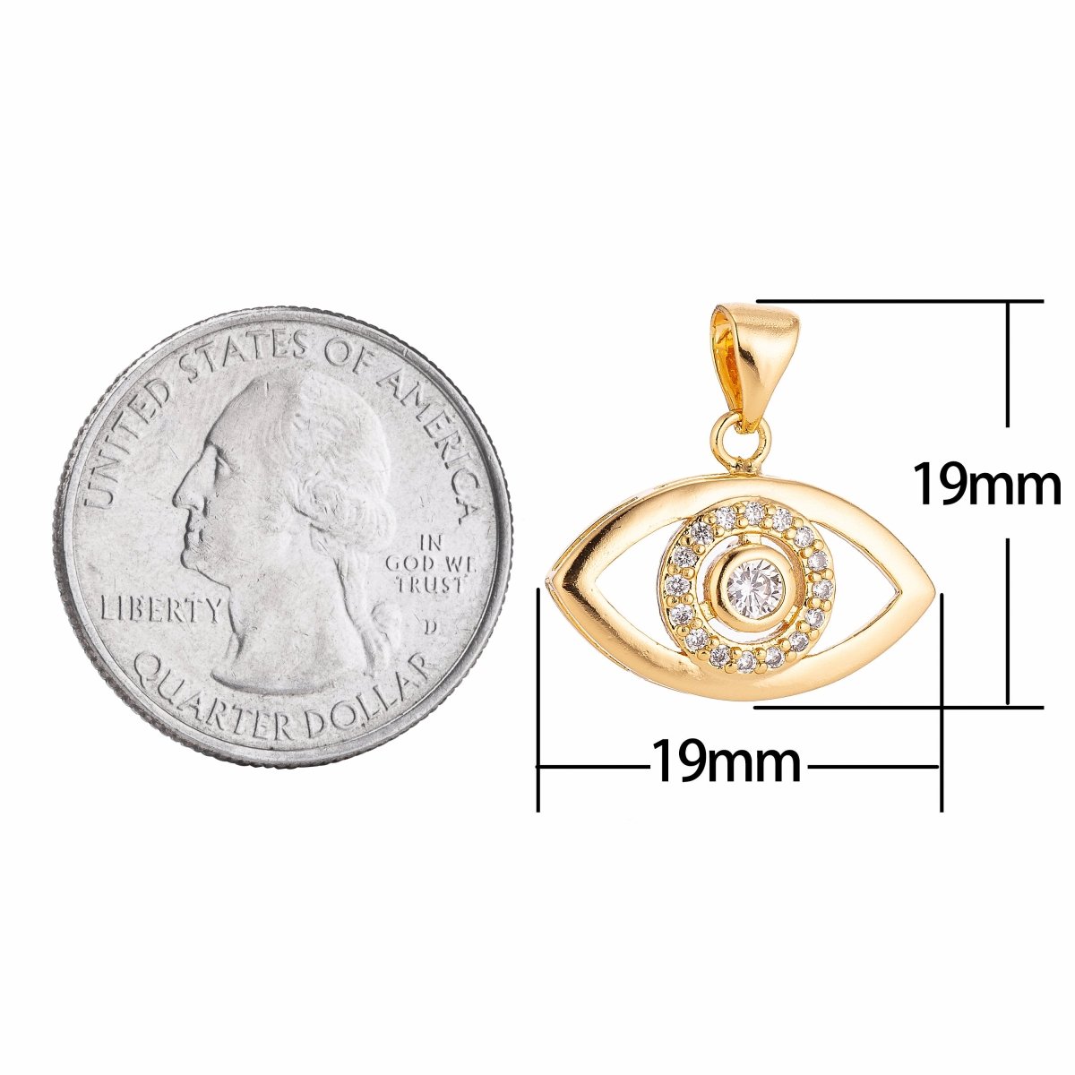 Overstock 18K Gold plated Evil Eye Charm w/ Crystal Cubic Zirconia for Necklace Pendant Earring Bail Dangle Findings for Jewelry Making H-294 - DLUXCA