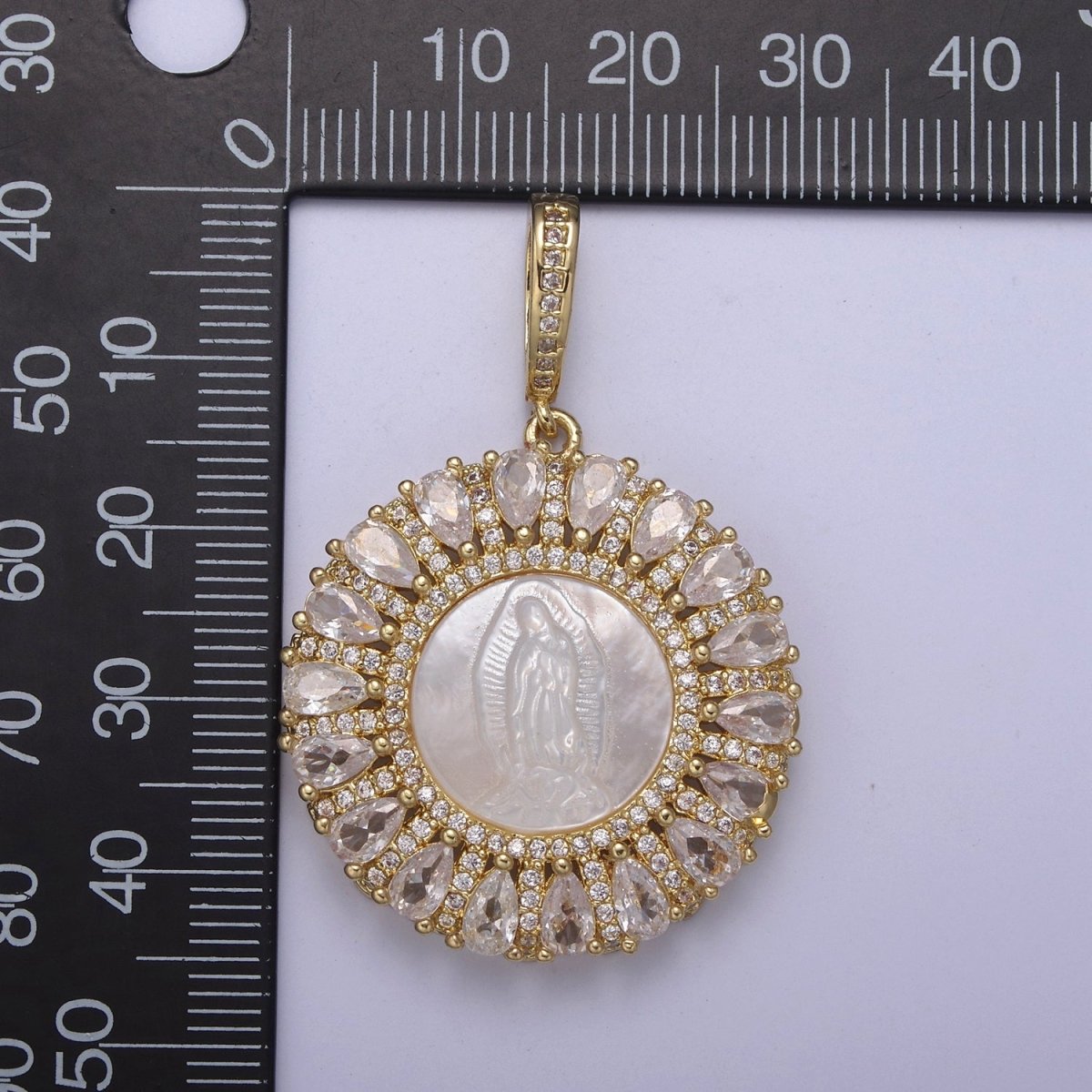 OZ CZ Micro Pave Lady Guadalupe On Round Coin Pearl Charms, 14K Gold plated Virgin Mary Pendant, Mother of Pearl Necklace Charm, 42.5x30mm H-403 - DLUXCA