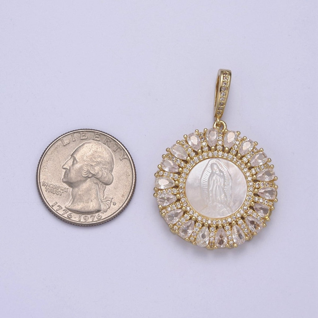 OZ CZ Micro Pave Lady Guadalupe On Round Coin Pearl Charms, 14K Gold plated Virgin Mary Pendant, Mother of Pearl Necklace Charm, 42.5x30mm H-403 - DLUXCA