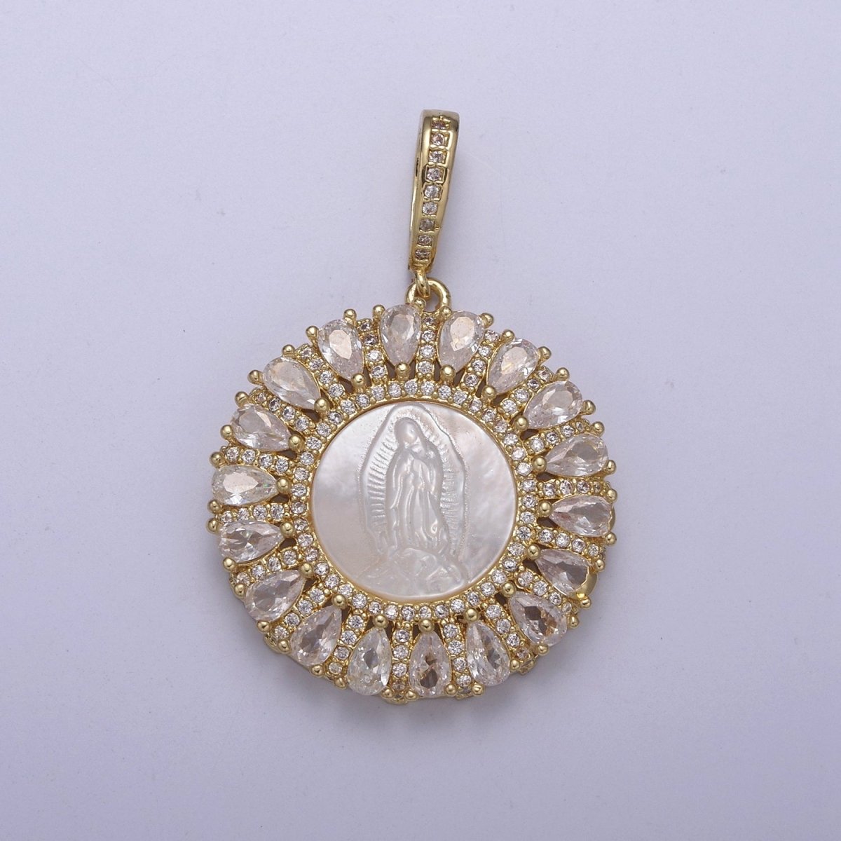 OZ CZ Micro Pave Lady Guadalupe On Round Coin Pearl Charms, 14K Gold plated Virgin Mary Pendant, Mother of Pearl Necklace Charm, 42.5x30mm H-403 - DLUXCA