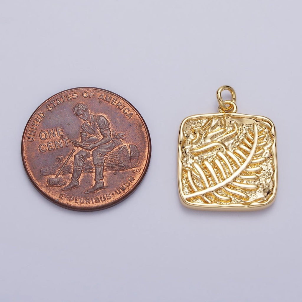 Palm Leaf Plant Stamped Hammered Square Add-On Charm in Gold & Silver | AC-227