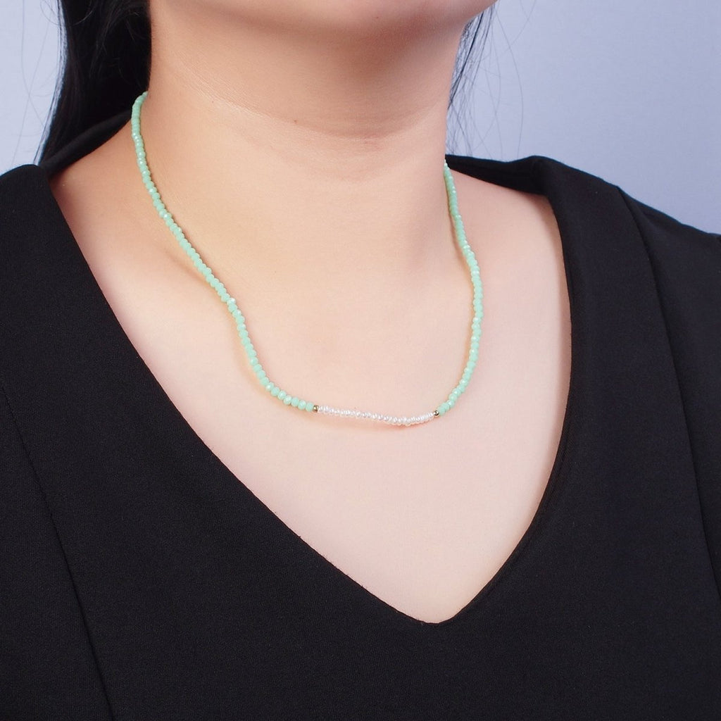 Pastel Color Glass Beaded Necklace Faceted Rondell Beads with Fresh Water Pearl Necklace | WA-1039 to WA-1041 Clearance Pricing