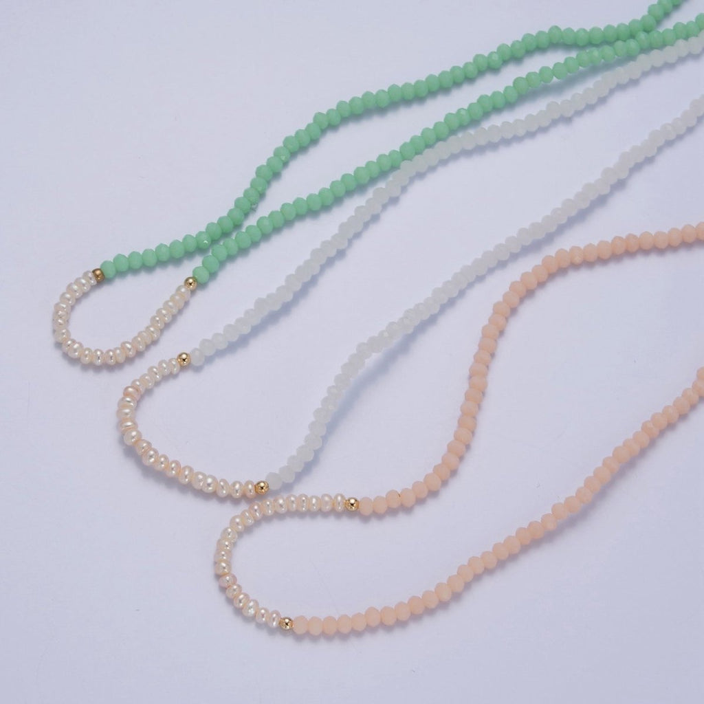 Pastel Color Glass Beaded Necklace Faceted Rondell Beads with Fresh Water Pearl Necklace | WA-1039 to WA-1041 Clearance Pricing