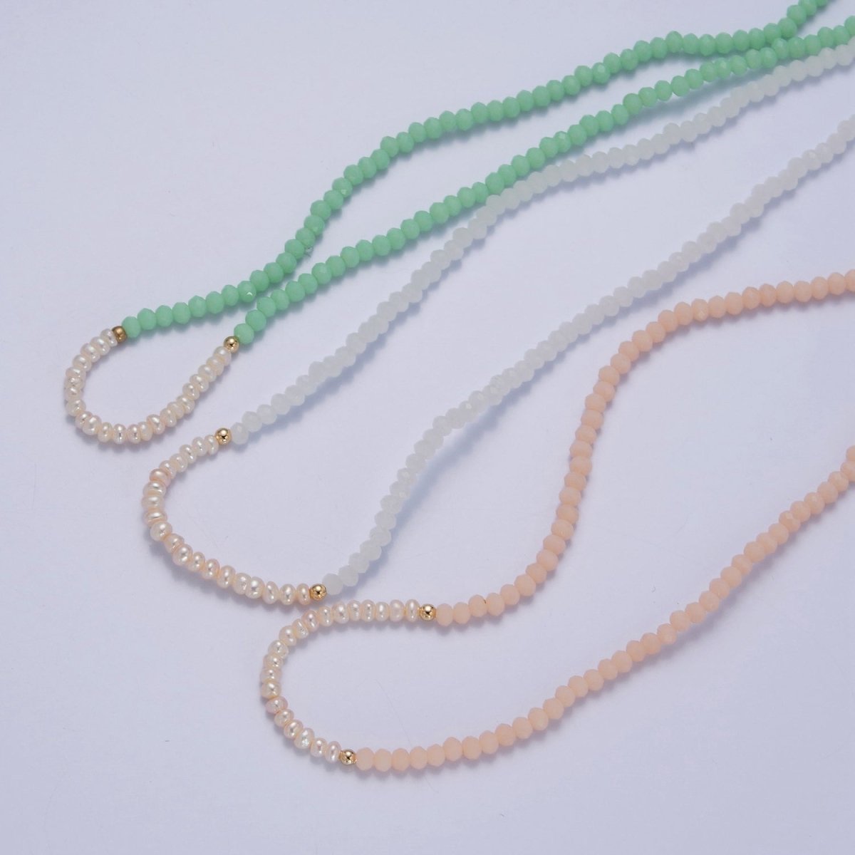 Pastel Color Glass Beaded Necklace Faceted Rondell Beads with Fresh Water Pearl Necklace | WA-1039 to WA-1041 Clearance Pricing