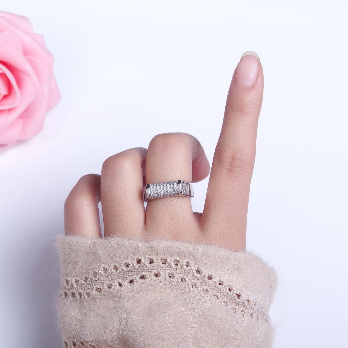 Pave Signet Ring Diamond CZ Micro Pave Signet Ring in 16K Gold plated Adjustable Ring O-1555 O-1556 - DLUXCA