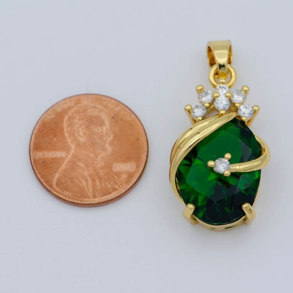 Pear Shape Emerald Pendant 24K Yellow Gold plated Charm Necklace Green Emerald Necklace For Ladies, Layering May Birthstone Jewelry I-054 - DLUXCA