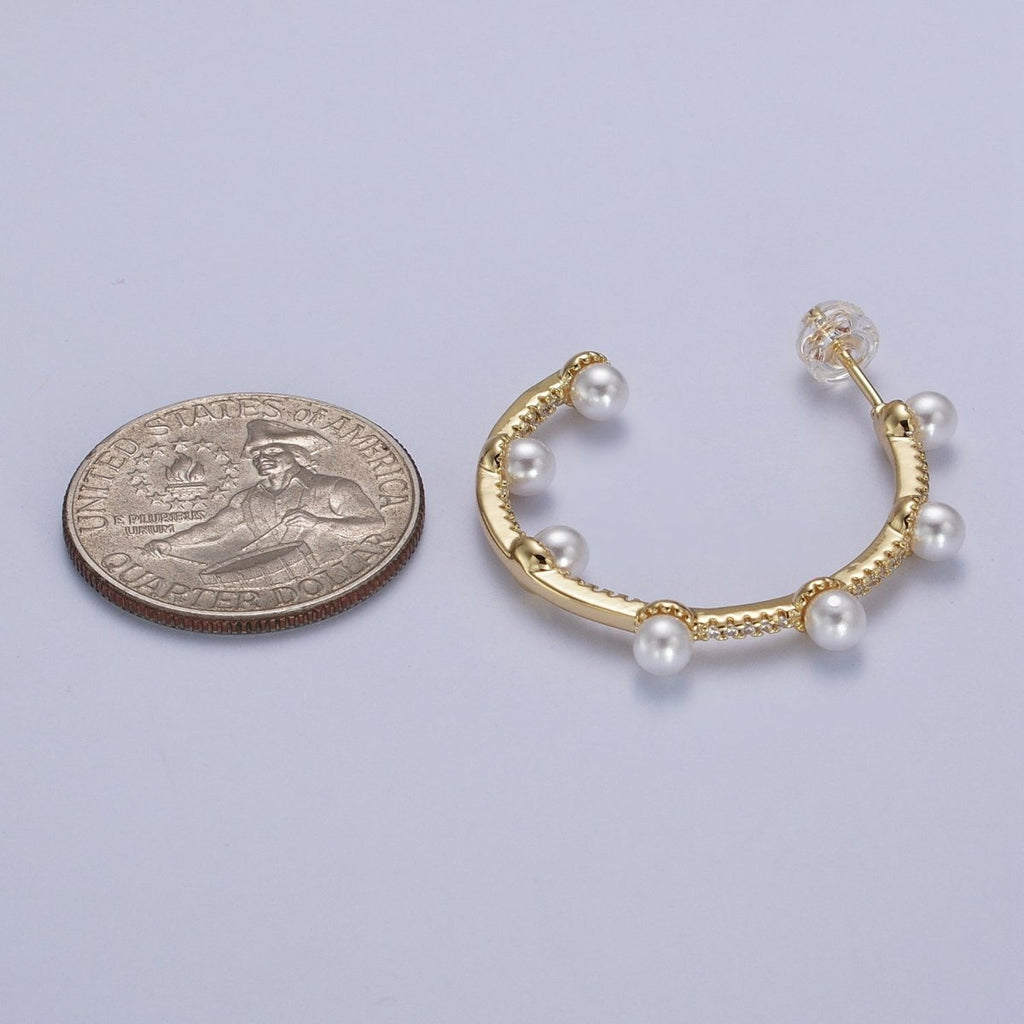Pearl Micro Paved CZ Lined C-Shaped 32mm Hoop Earrings in Gold & Silver | AB062 AB063 - DLUXCA