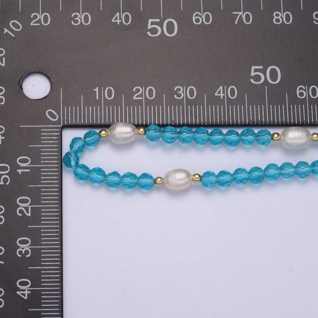 Pearl with Aqua Blue Glass Beaded Necklace, Light Blue Faceted Rondell Beads Necklace | WA-591 Clearance Pricing - DLUXCA