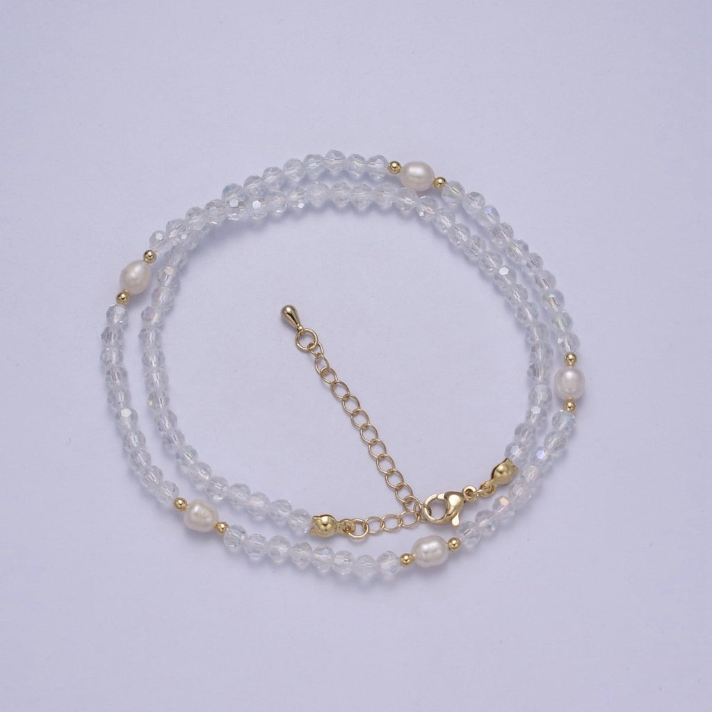 Pearl with Clear Glass Beaded Necklace, Clear Faceted Rondell Beads Necklace | WA-610 Clearance Pricing - DLUXCA