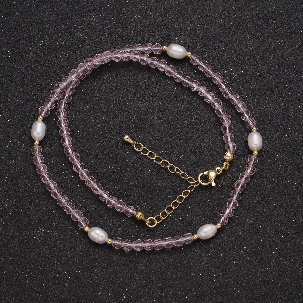 Pearl with Pink Glass Beaded Necklace, Rose Quartz Faceted Rondelle Beads Necklace | WA-586 Clearance Pricing - DLUXCA