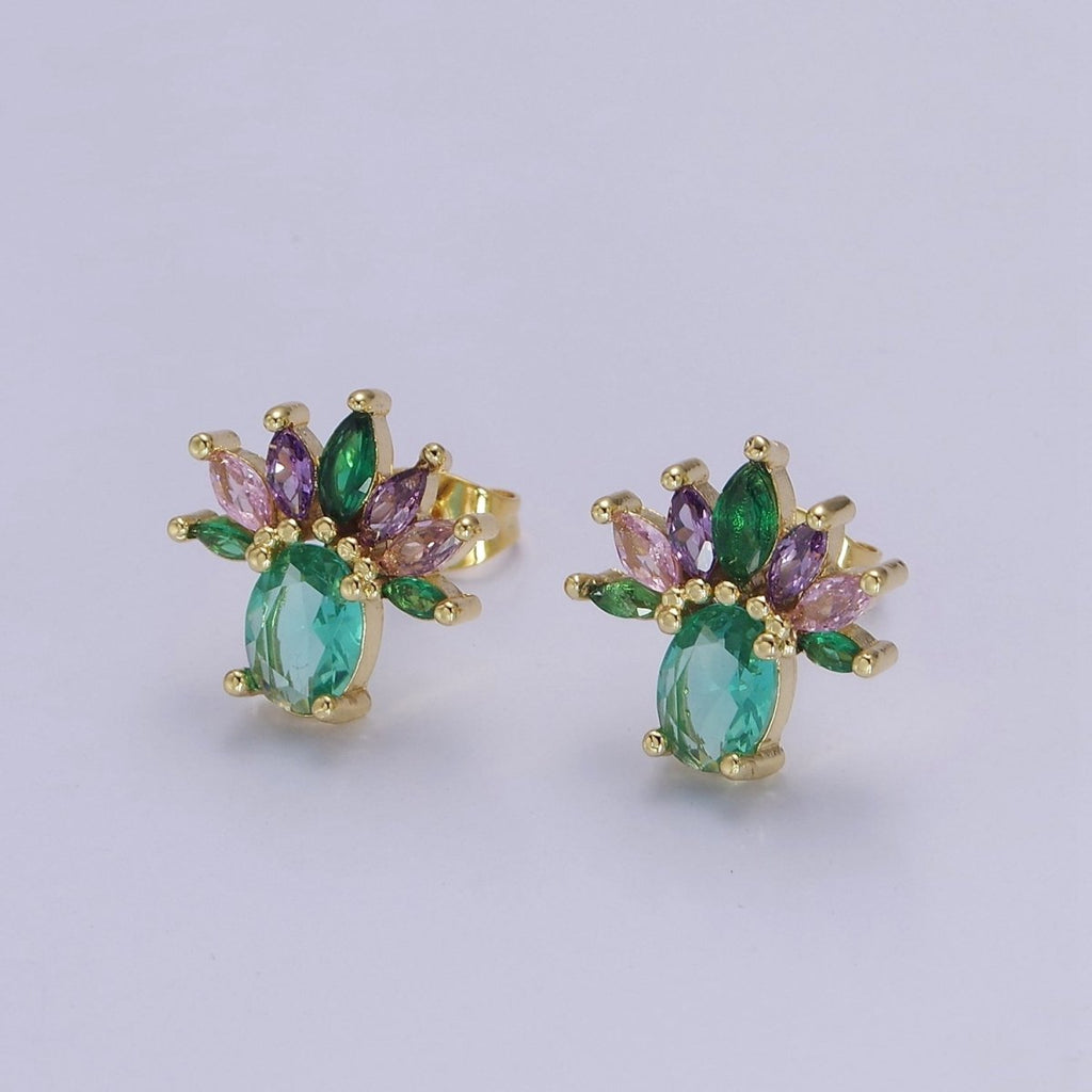 Pineapple Stud Earrings Oval Marquise Cubic Zirconia Women Mint Aqua Green CZ V-114 - DLUXCA