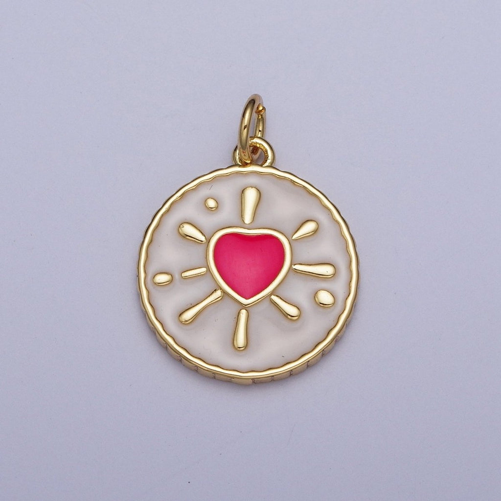 Pink, Black, Blue Splattered Heart White Enamel Gold Round Medallion Charm | AG-021 AG-022 AG-023