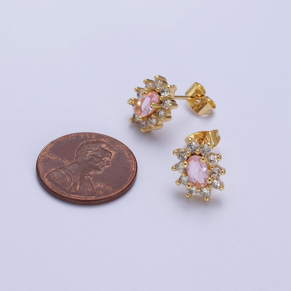 Pink & Clear Oval Cubic Zirconia Celestial Sun Burst Gold Stud Earrings | X-928 - DLUXCA