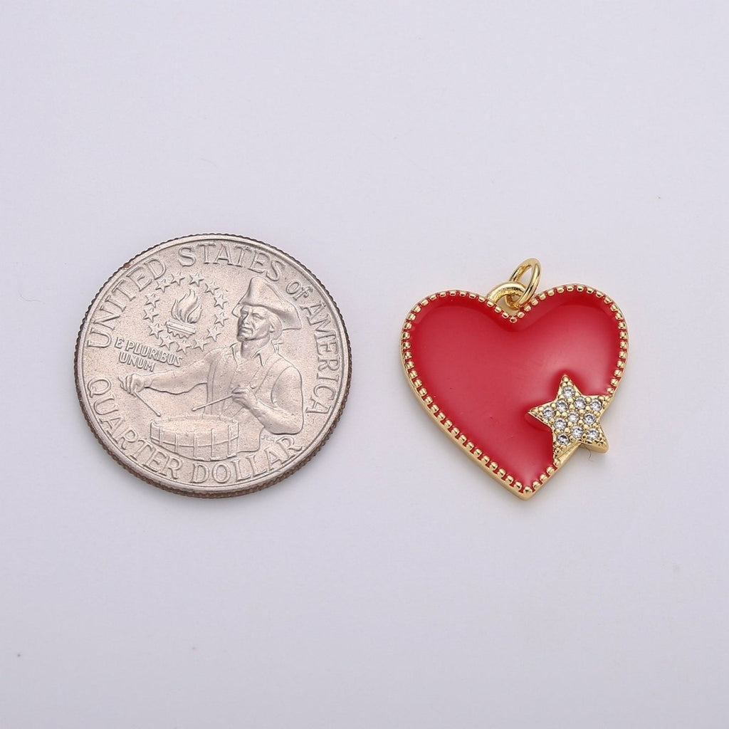 14K Gold plated Red, Pink Enamel Heart Micro Paved CZ Star Charm | C573 C574