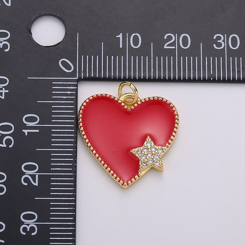 14K Gold plated Red, Pink Enamel Heart Micro Paved CZ Star Charm | C573 C574