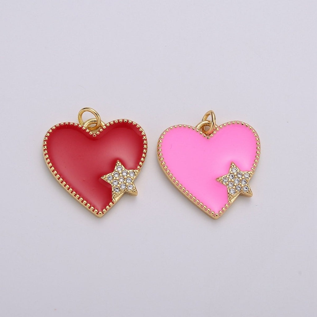 14K Gold plated Red, Pink Enamel Heart Micro Paved CZ Star Charm | C573 C574
