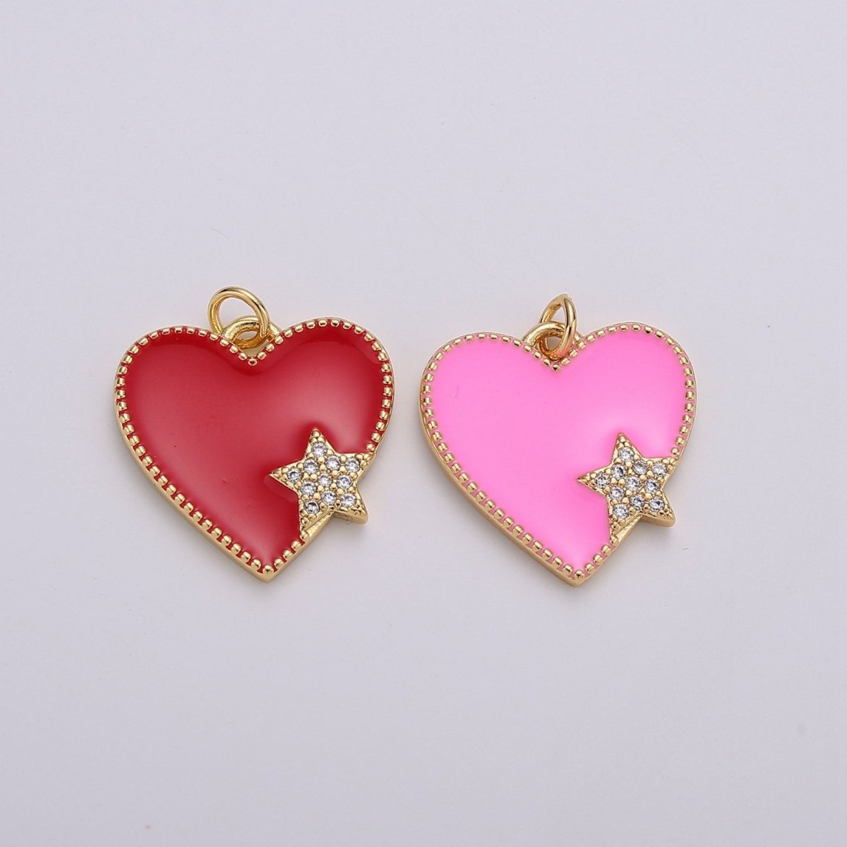 14K Gold plated Red, Pink Enamel Heart Micro Paved CZ Star Charm | C573 C574
