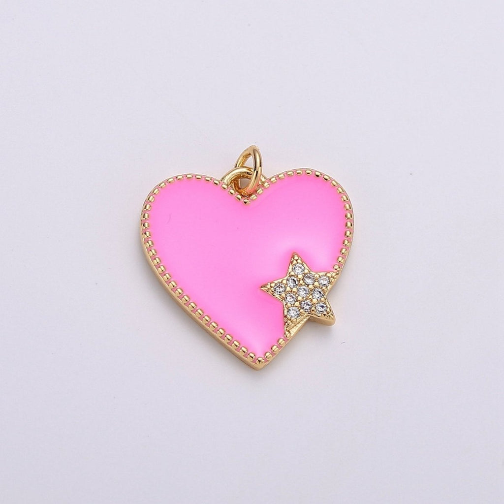 14K Gold plated Red, Pink Enamel Heart Micro Paved CZ Star Charm | C573 C574