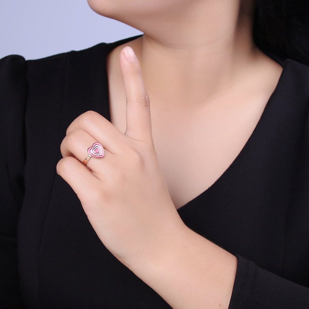 Pink Enamel Heart Ring, You Are Loved For Valentine Jewelry, 24K Gold plated Love Ring U-471 - DLUXCA