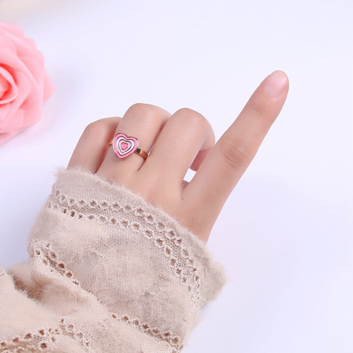 Pink Enamel Heart Ring, You Are Loved For Valentine Jewelry, 24K Gold plated Love Ring U-471 - DLUXCA