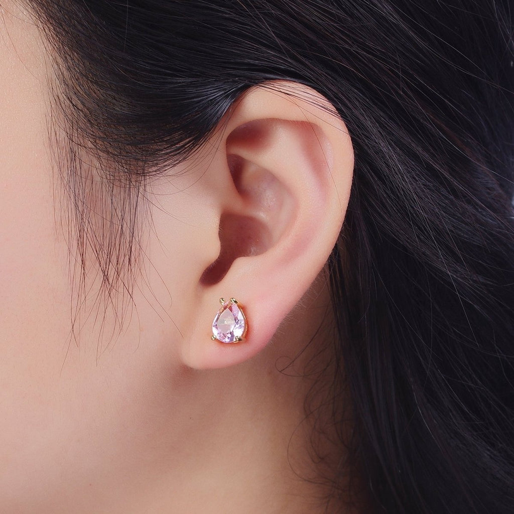 Pink / Fuchsia Teardrop Cubic Zirconia Gold Stud Earrings | AD-576 AD-577