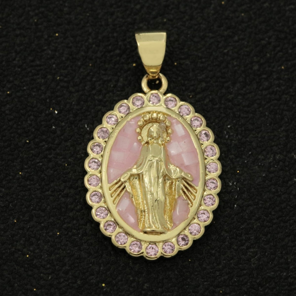 Pink miraculous Lady Charm for Necklace, Dainty Virgin Mary Pendant for Religious Jewelry Making Supply in Gold plated N-1412 - DLUXCA