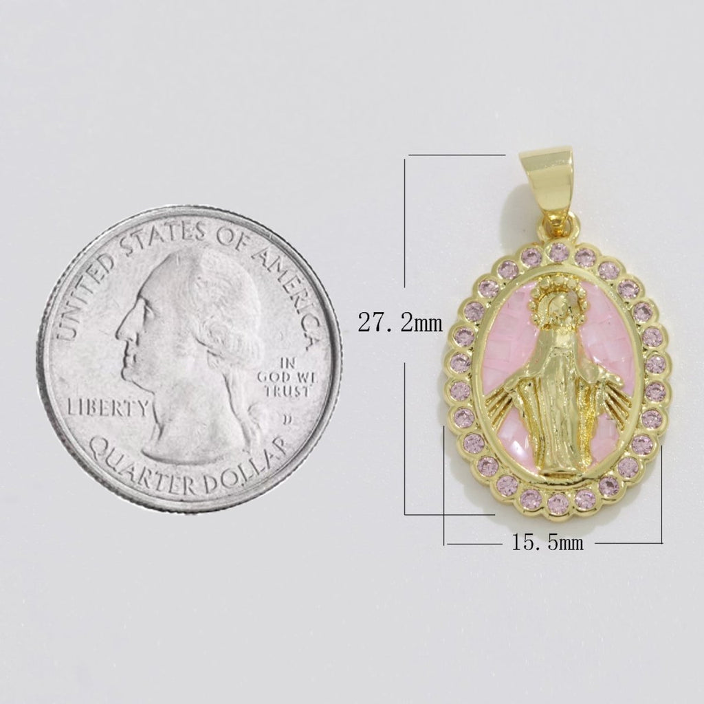 Pink miraculous Lady Charm for Necklace, Dainty Virgin Mary Pendant for Religious Jewelry Making Supply in Gold plated N-1412 - DLUXCA