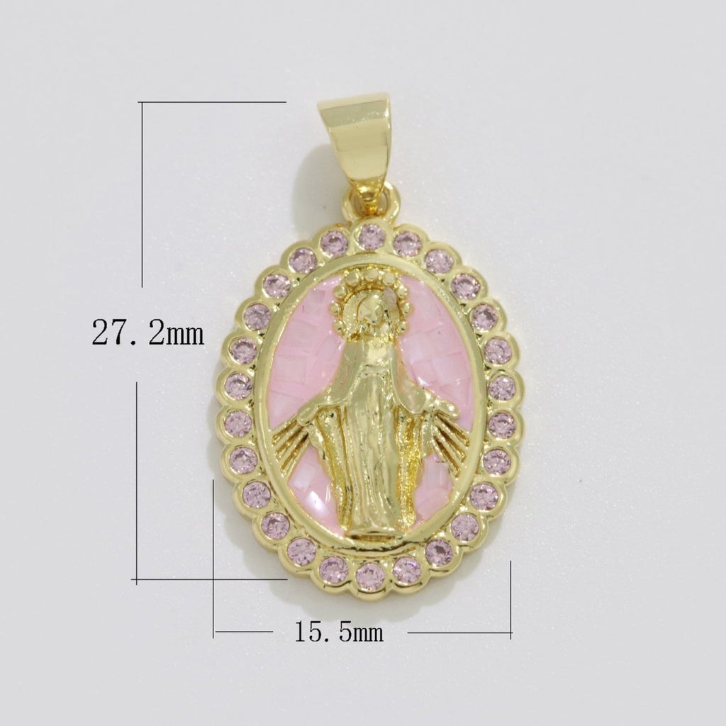 Pink miraculous Lady Charm for Necklace, Dainty Virgin Mary Pendant for Religious Jewelry Making Supply in Gold plated N-1412 - DLUXCA