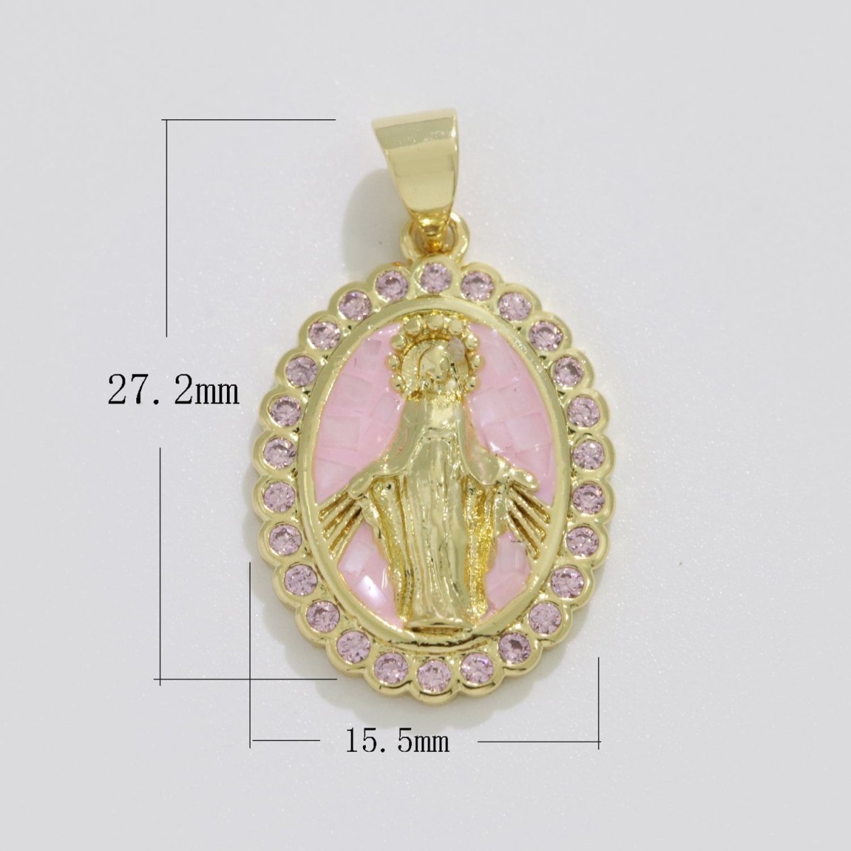 Pink miraculous Lady Charm for Necklace, Dainty Virgin Mary Pendant for Religious Jewelry Making Supply in Gold plated N-1412 - DLUXCA