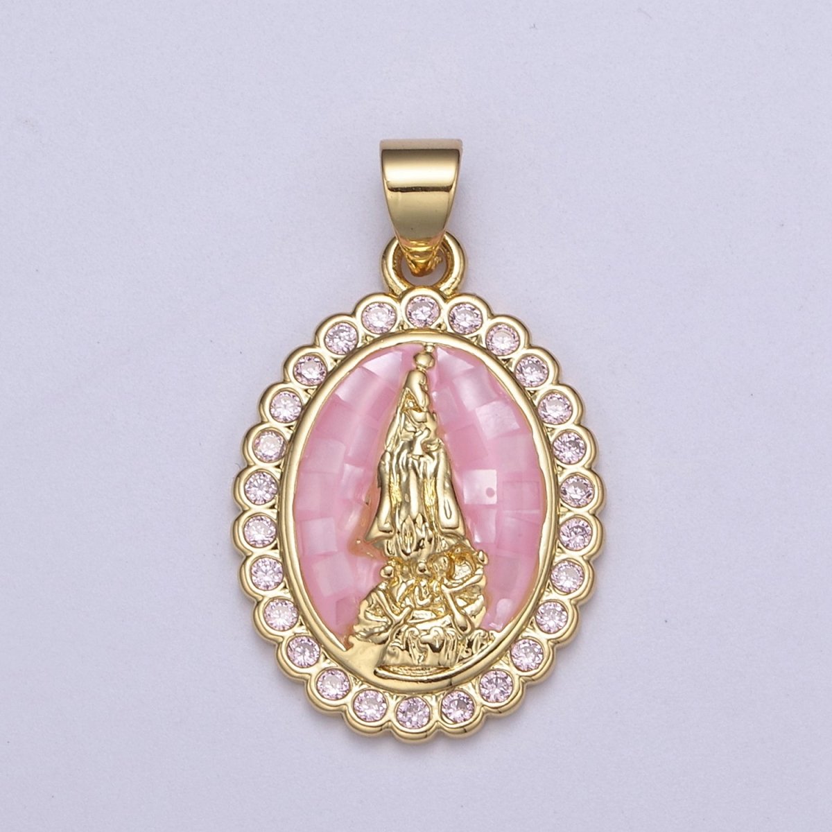 Pink Opal Miraculous Lady Charm for Necklace, Dainty Lady of Guadalupe Pendant for Religious Jewelry Making Supply in Gold plated H-601 - DLUXCA
