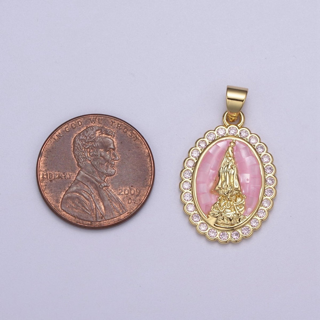 Pink Opal Miraculous Lady Charm for Necklace, Dainty Lady of Guadalupe Pendant for Religious Jewelry Making Supply in Gold plated H-601 - DLUXCA