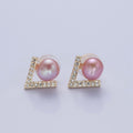 Pink Pearl Stud Earring with Gold Pave for Wedding Jewelry T-534 - DLUXCA