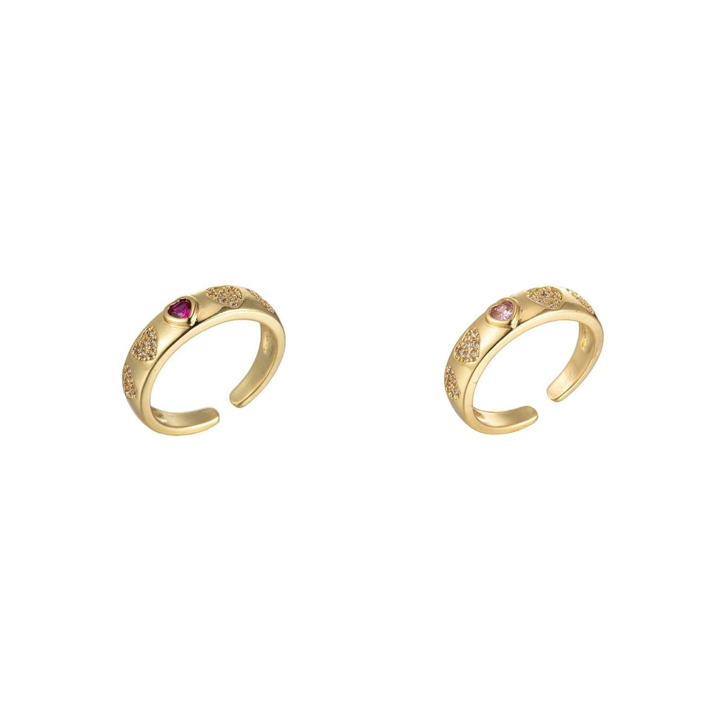 Pink Red Heart CZ Gold Dome Ring Stacking Jewelry | Round Heart Ring Open Adjustable Ring O-908 O-909